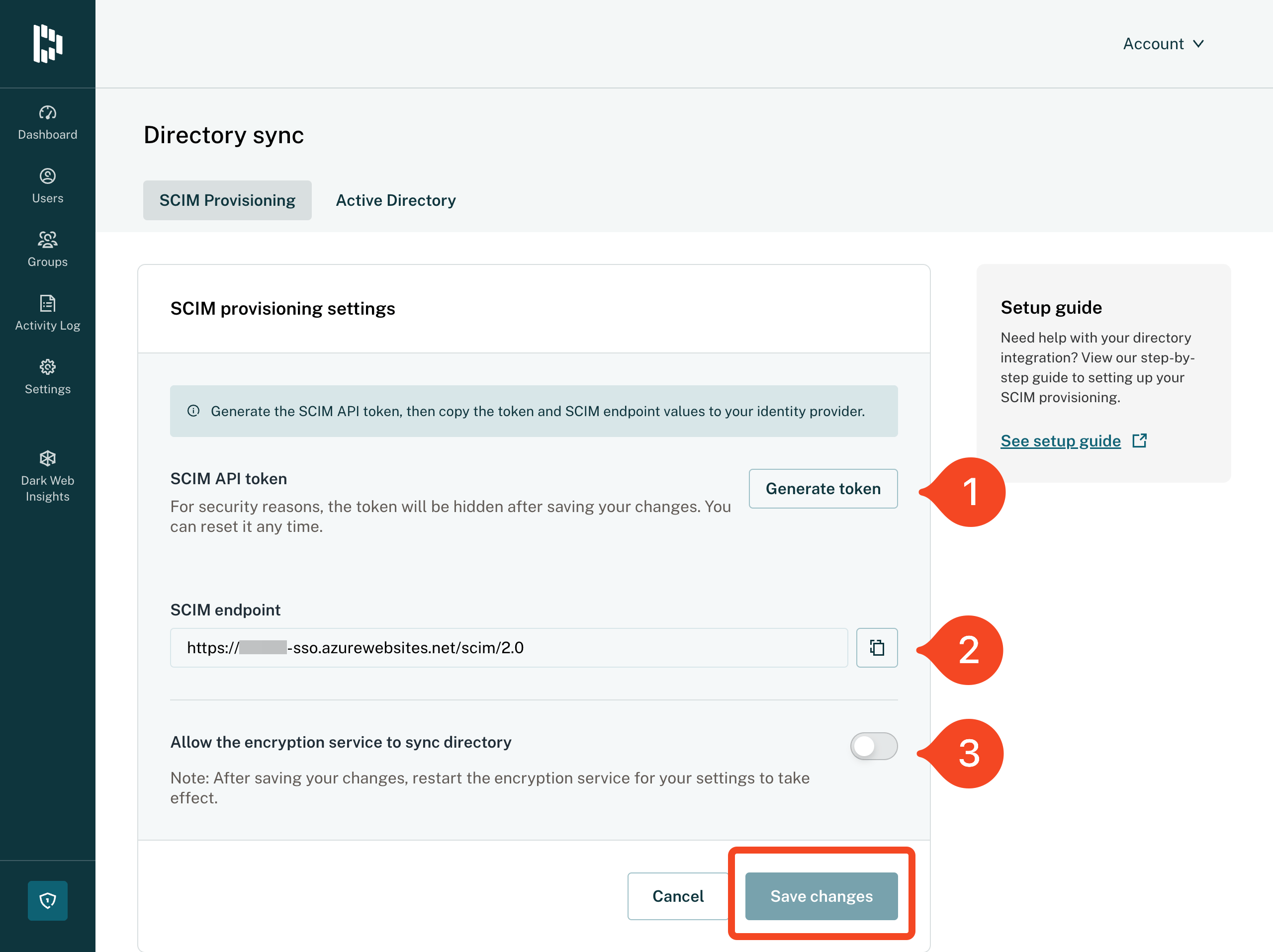 Dashlane SCIM provisioning settings with generated token and encryption service sync