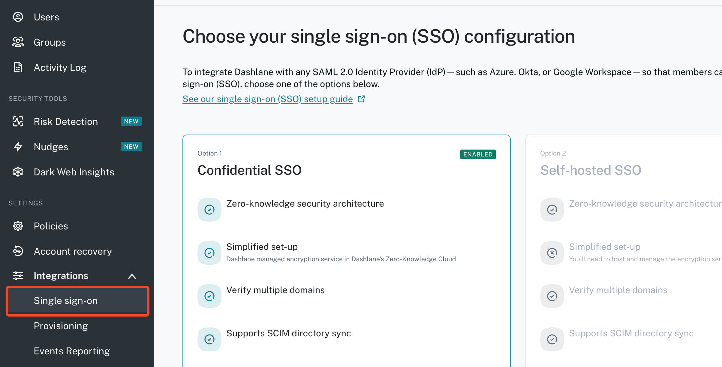 Dashlane Single sign-on integration settings