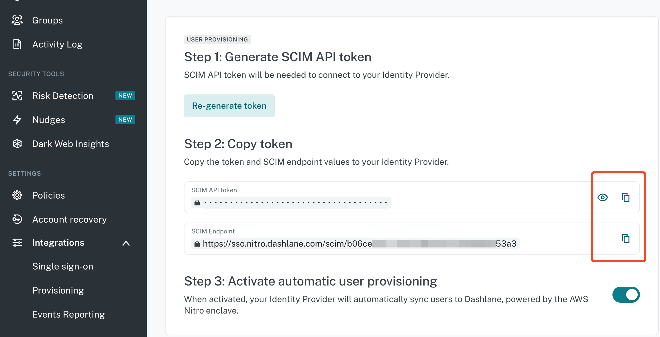 Dashlane Confidential Provisioning settings with SCIM credentials