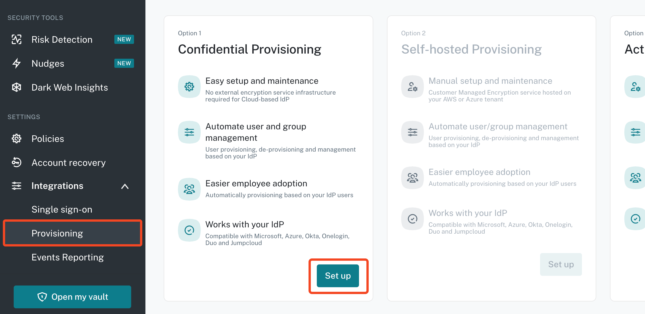 Dashlane Provisioning settings with Confidential Provisioning Set up selected