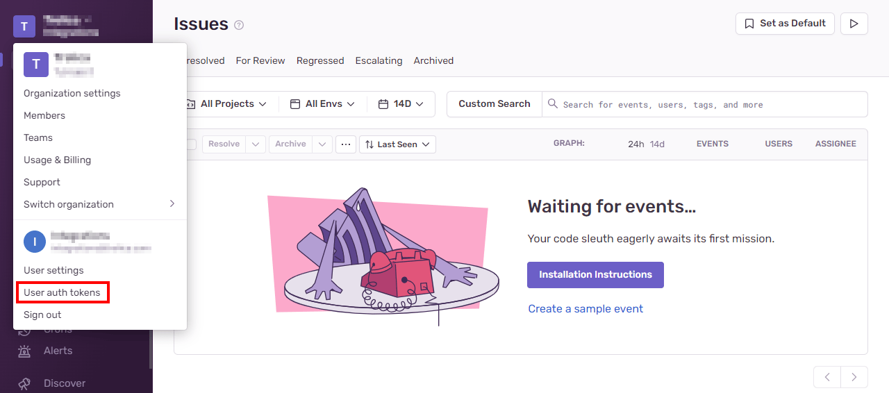 Sentry User Auth Tokens page