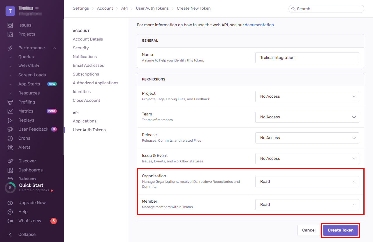 Sentry token form with Organization and Member Read scopes selected