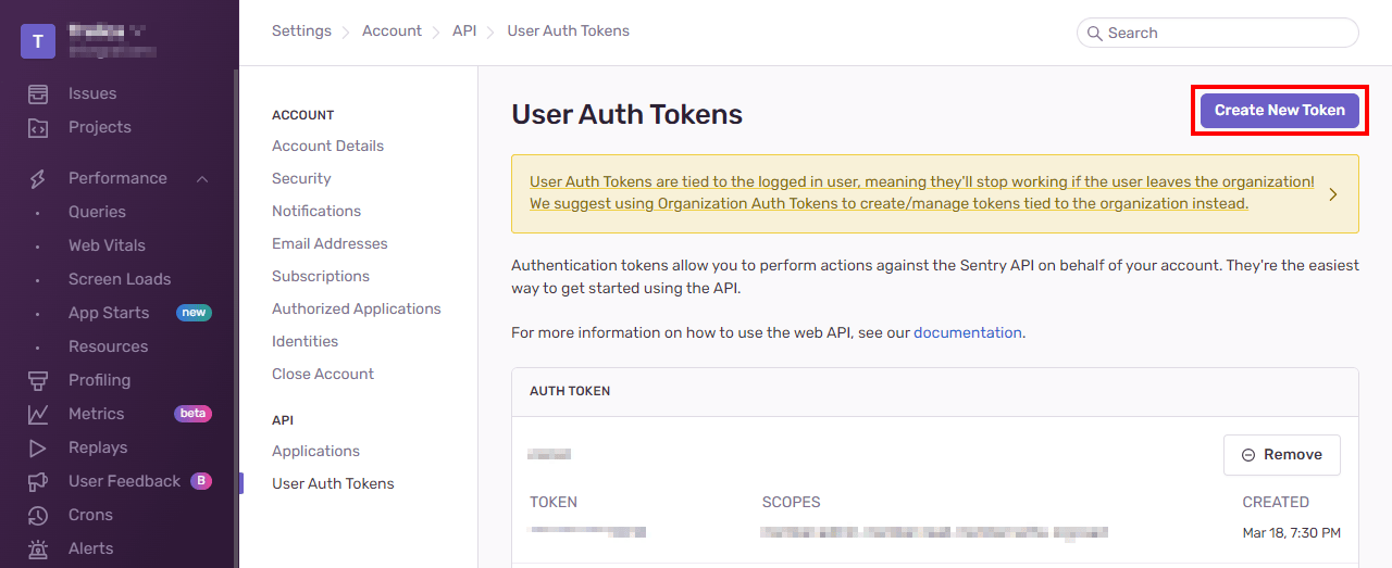 Sentry User Auth Tokens page with Create New Token selected