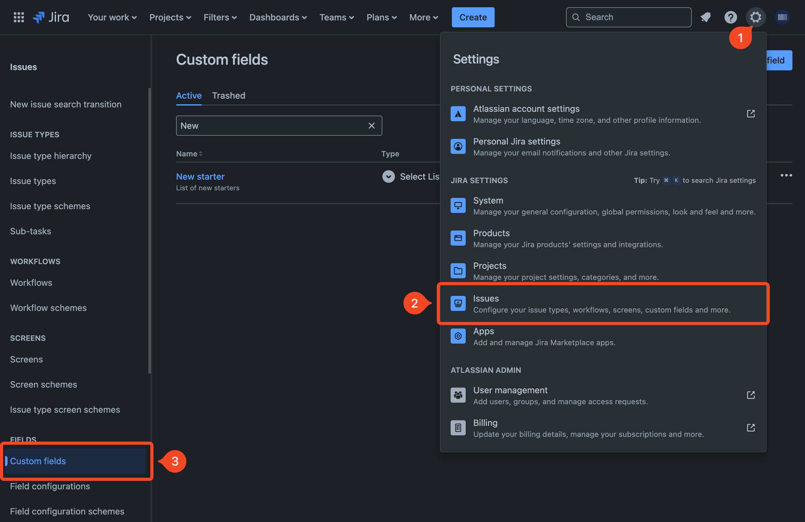 Jira Settings Issues menu with Custom fields selected