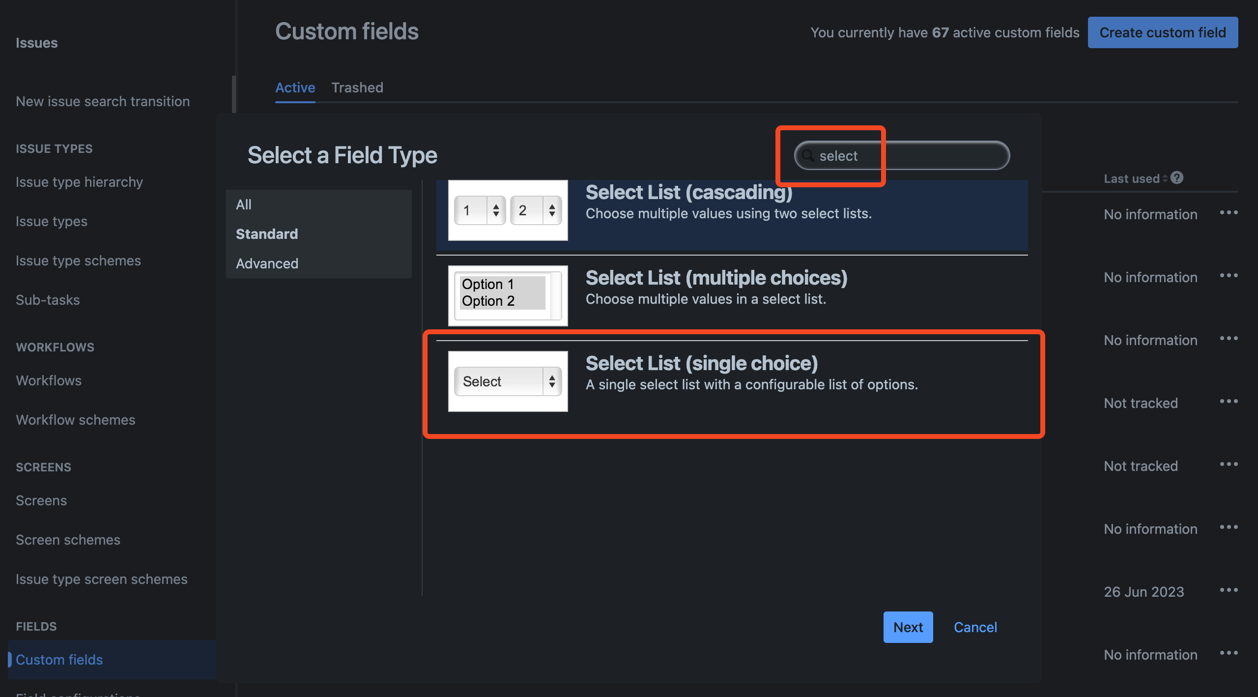 Jira Create custom field dialog with Select List single choice selected