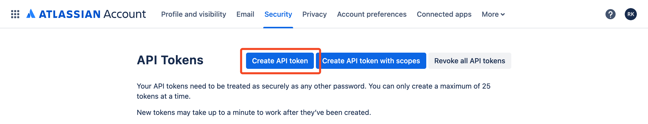Atlassian personal API token creation page