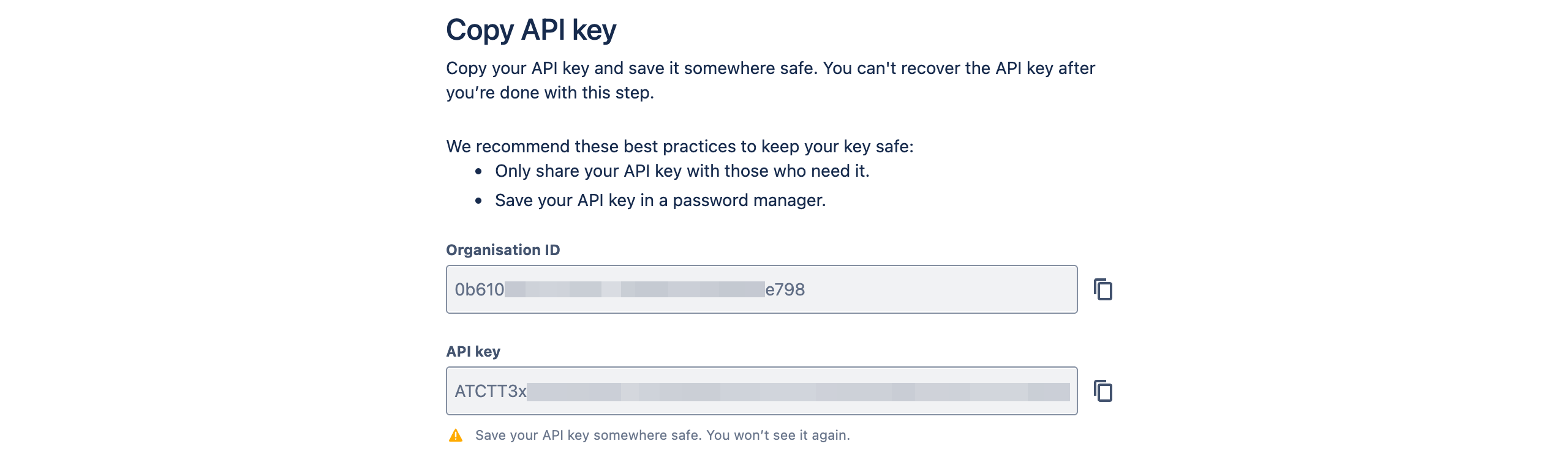 Atlassian API key dialog showing the organization ID and API key