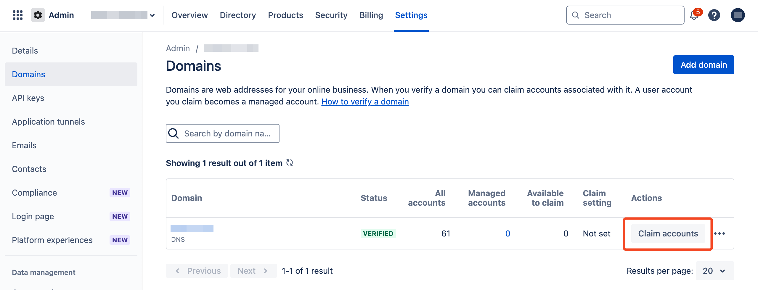 Atlassian Admin domain page with Claim accounts selected