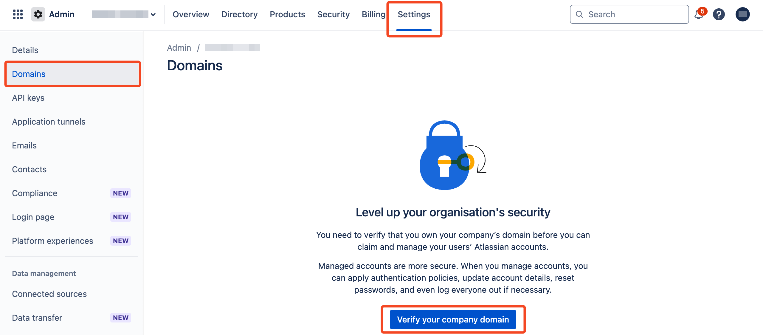 Atlassian Admin Domains page prompting domain verification