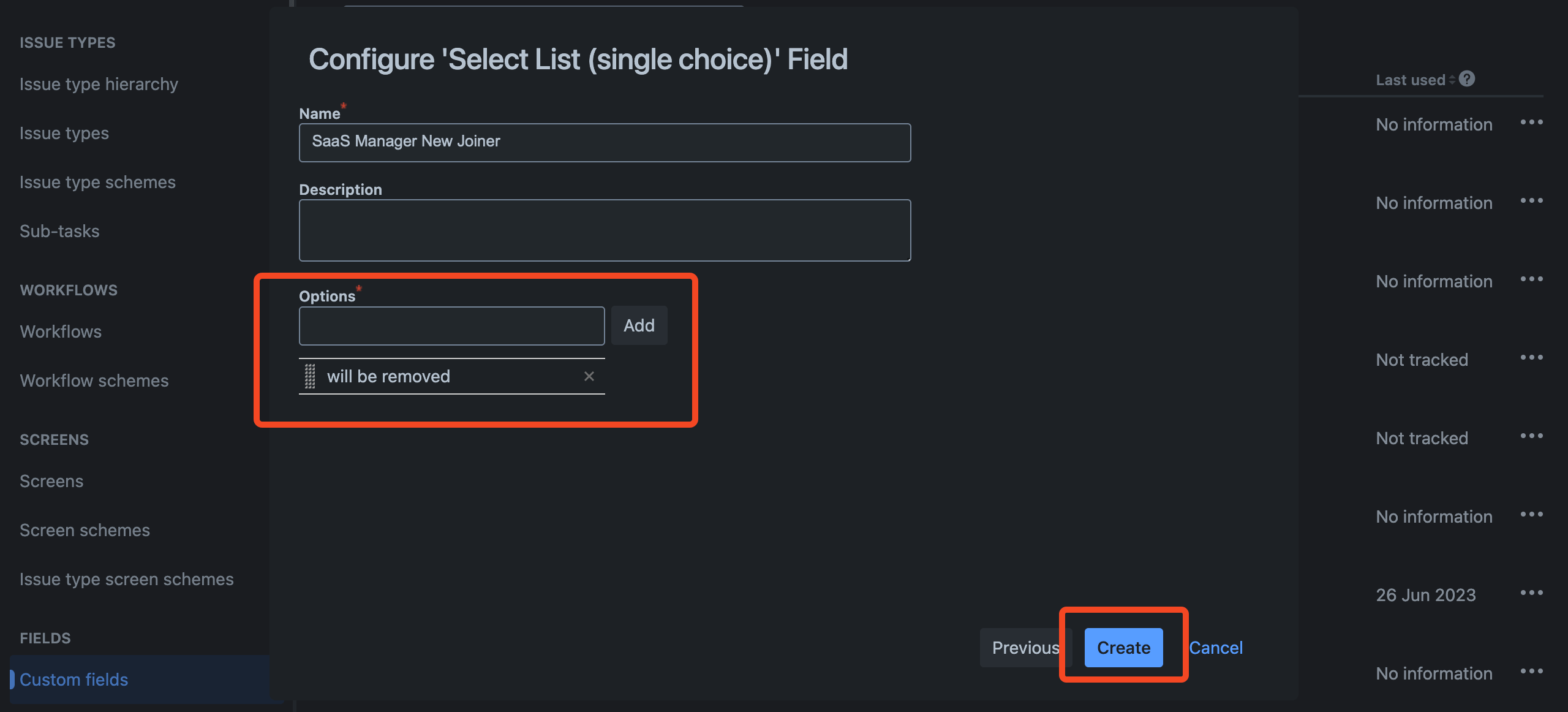 Jira custom field form with a field name and option