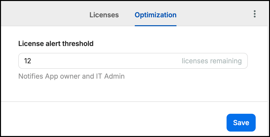 SaaS Manager app optimization settings with a license alert threshold and Save button