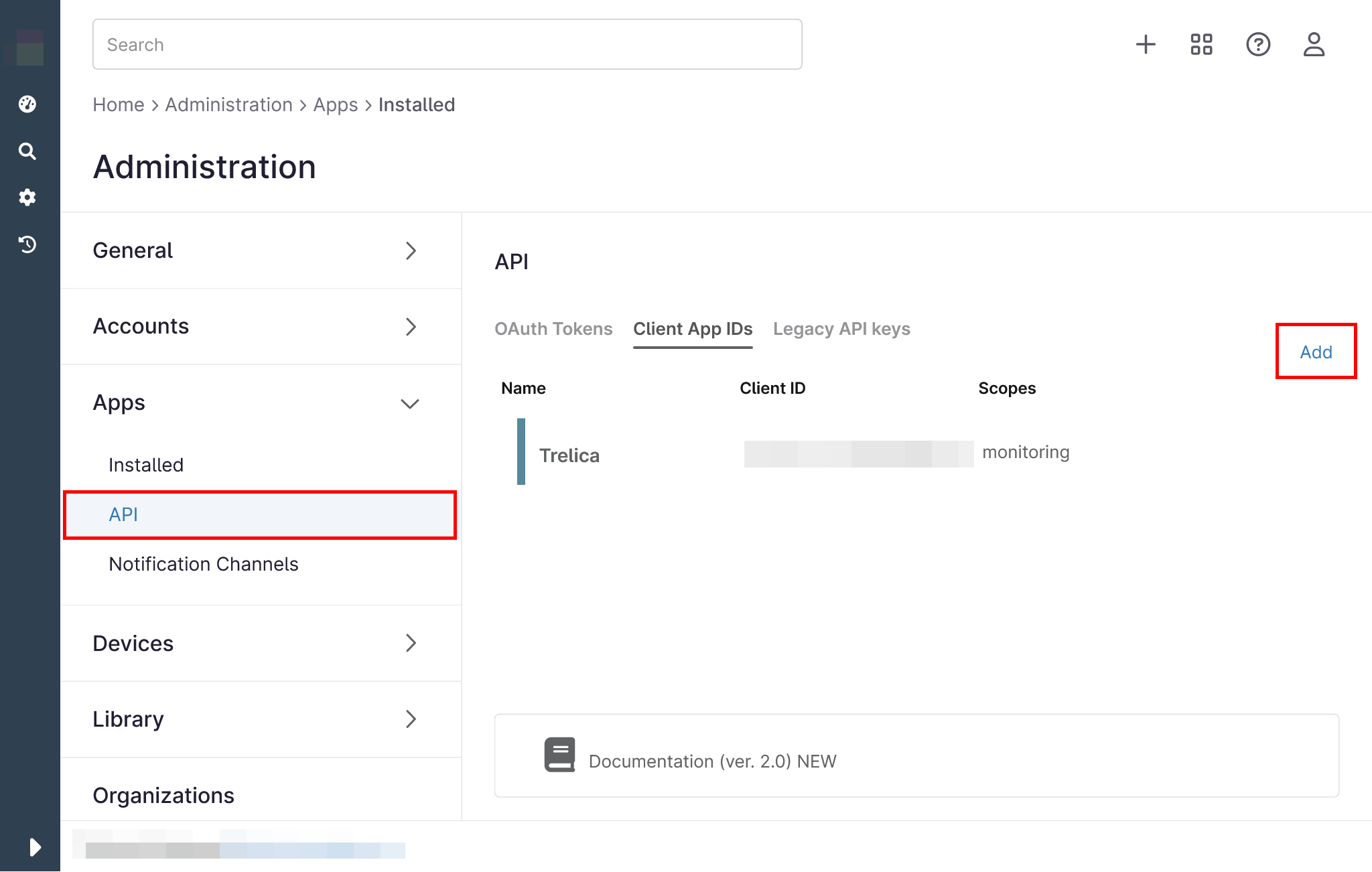 NinjaOne Administration API page with the Add button highlighted