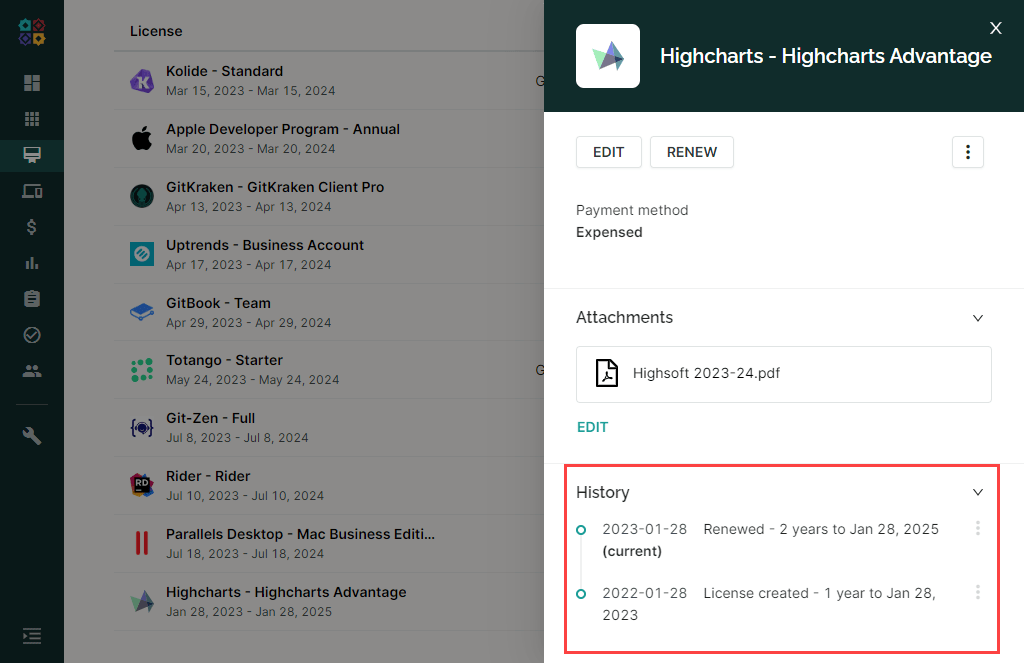 SaaS Manager license details panel showing the renewal history section