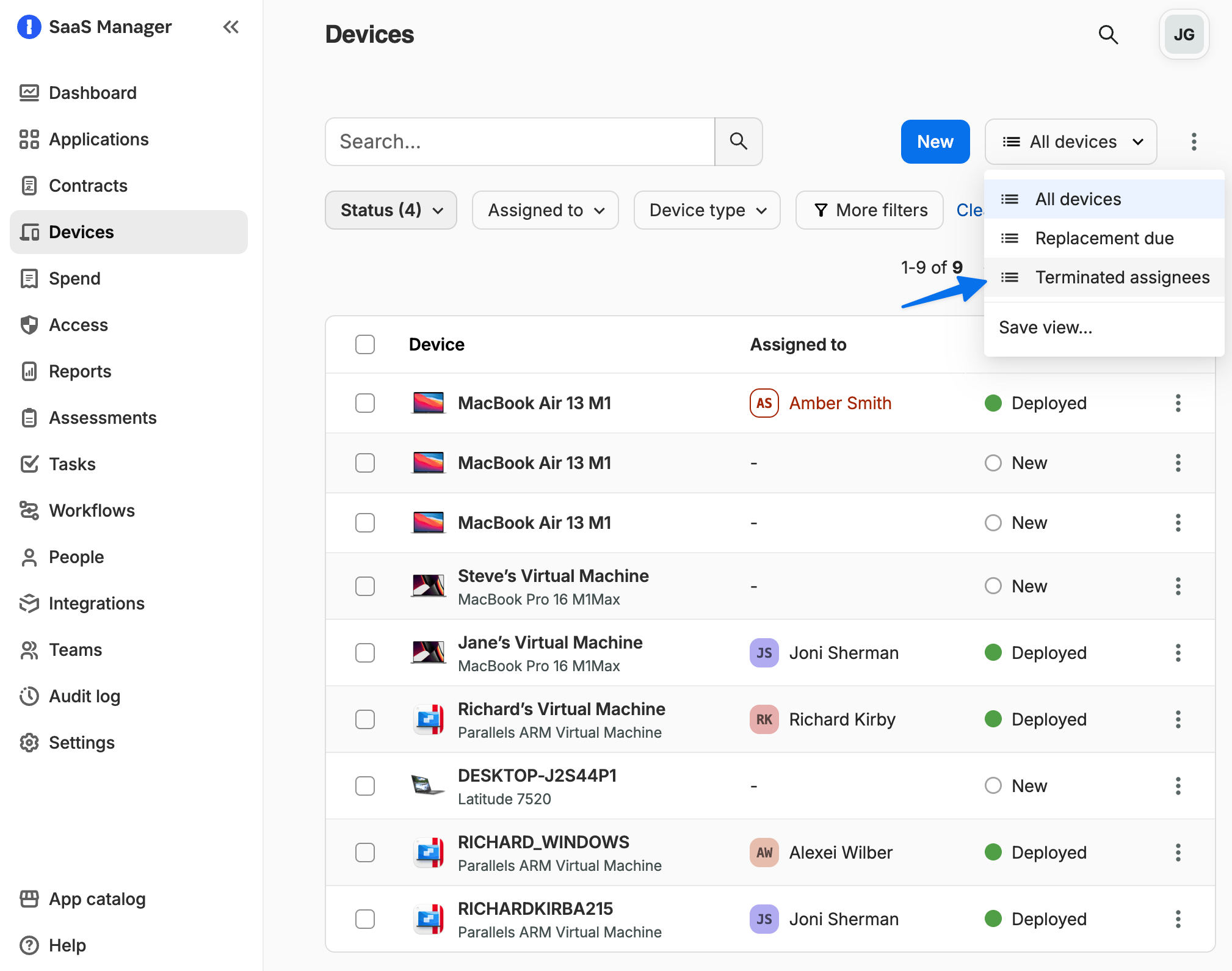 SaaS Manager Device register Terminated assignees view