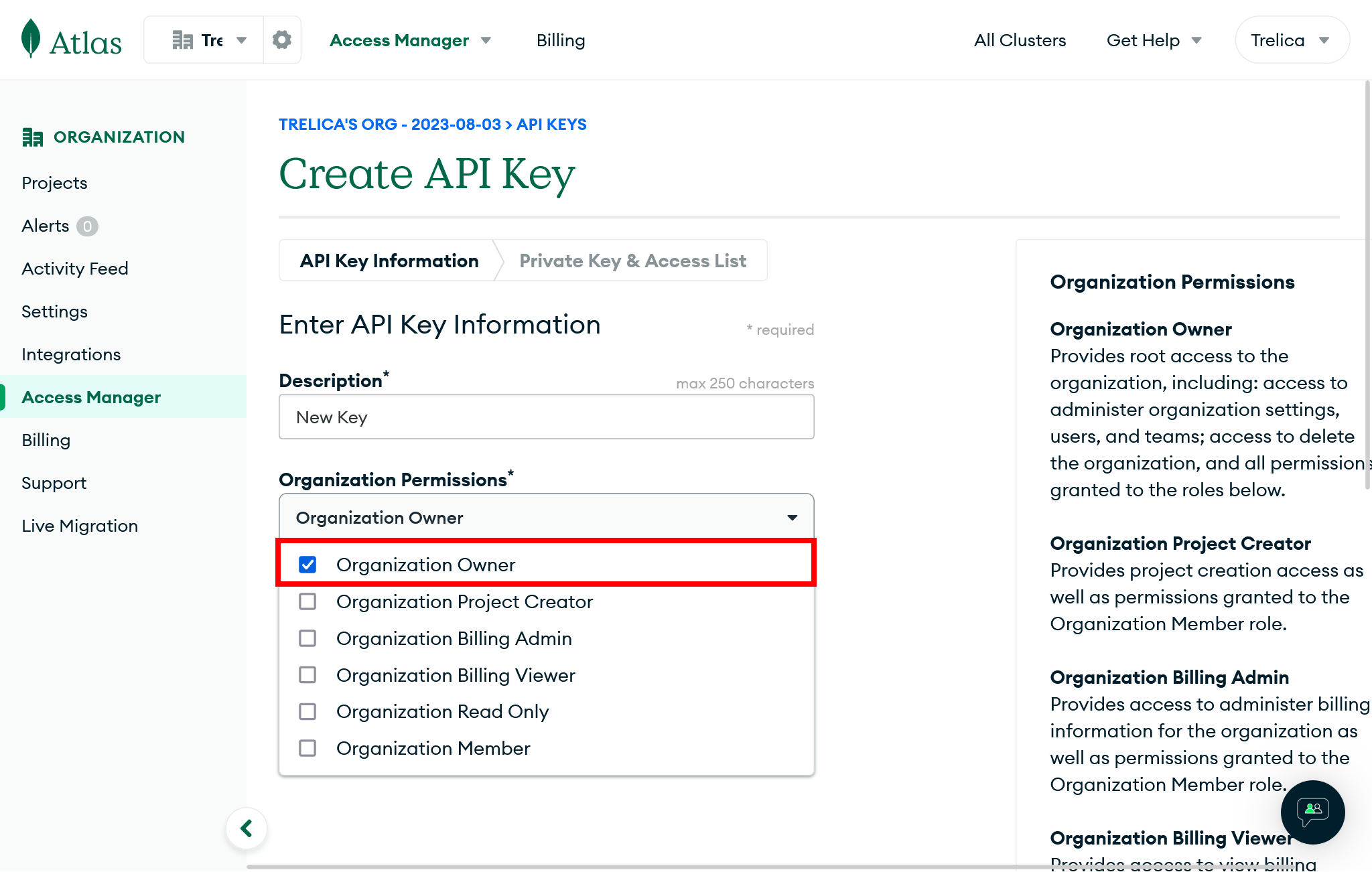 MongoDB Atlas Create API Key form with Organization Owner selected