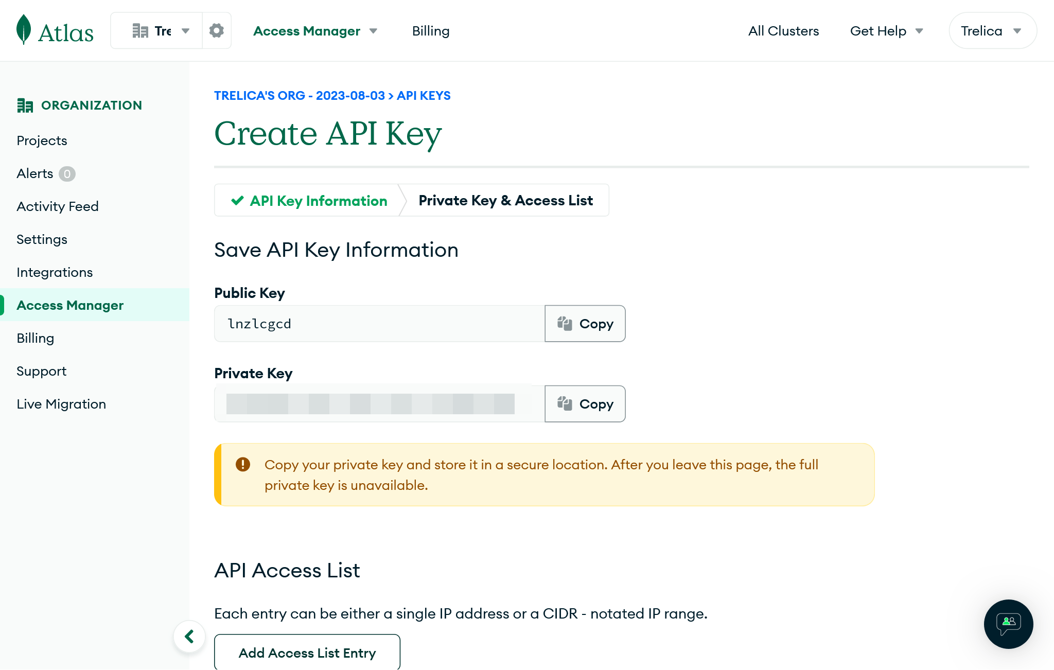 MongoDB Atlas generated API key page showing public and private key copy buttons