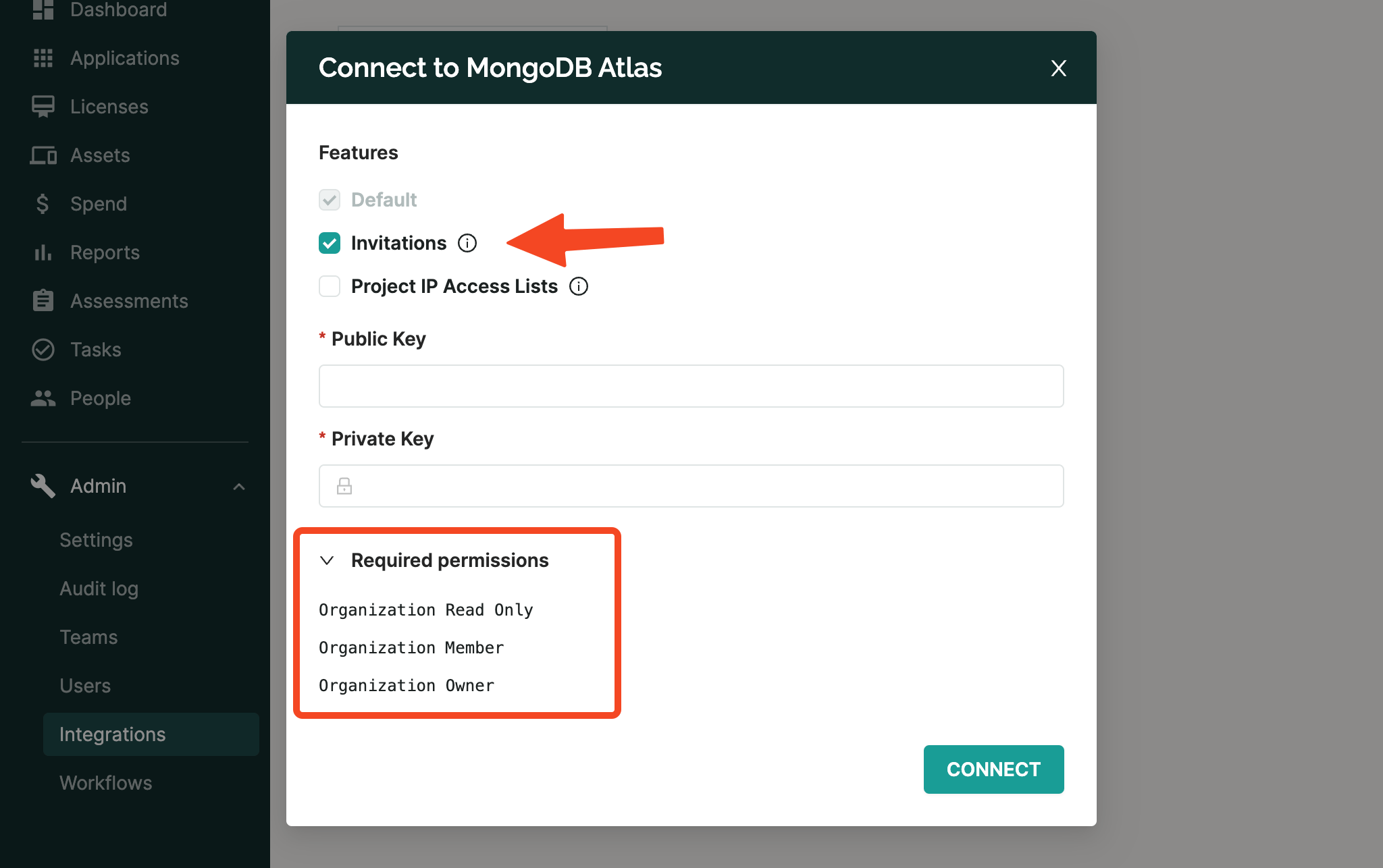 SaaS Manager Connect to MongoDB Atlas dialog with Invitations selected and required permissions shown