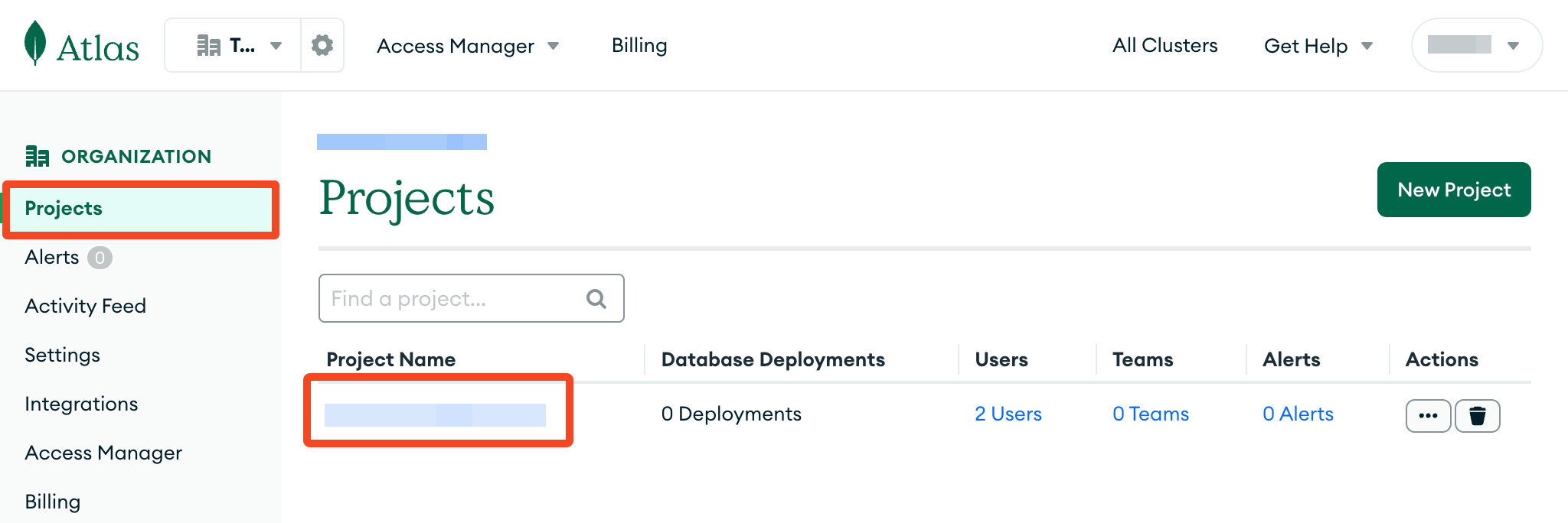 MongoDB Atlas Projects page with the selected project name highlighted