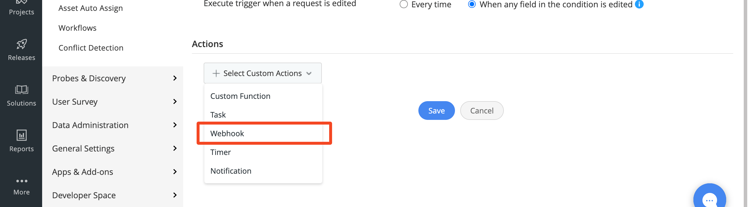 ManageEngine ServiceDesk Plus Cloud custom action menu with Webhook highlighted