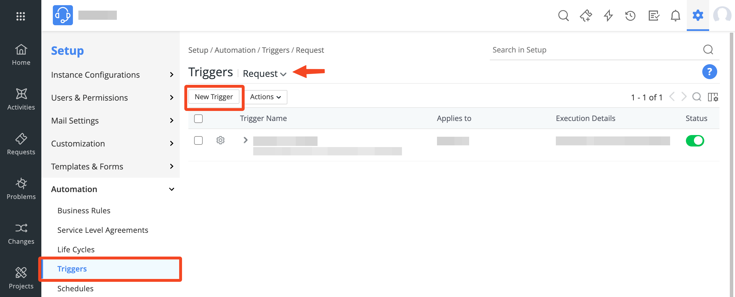 ManageEngine ServiceDesk Plus Cloud Triggers page with New Trigger highlighted