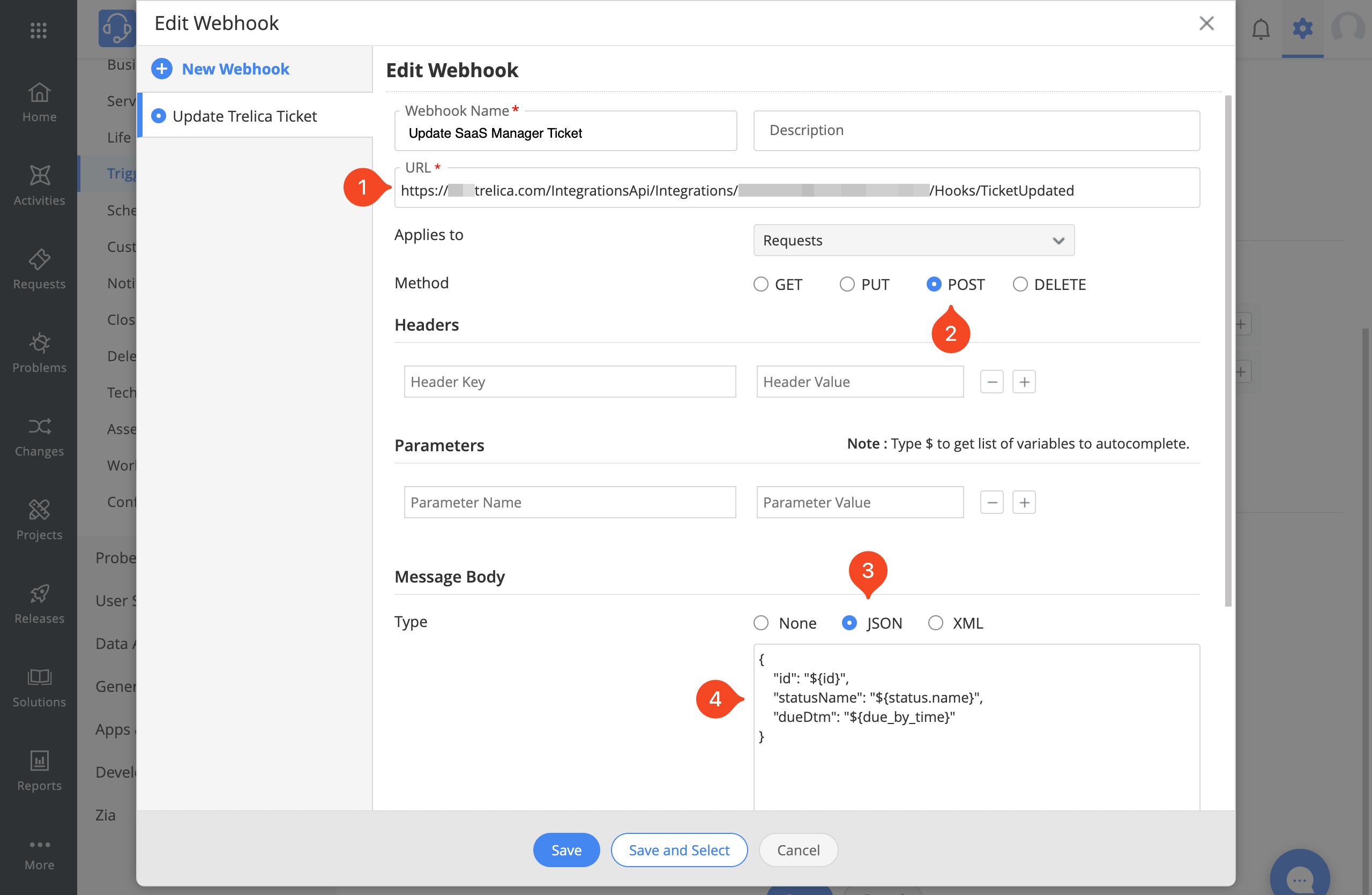 ManageEngine ServiceDesk Plus Cloud Edit Webhook form configured to update a SaaS Manager ticket