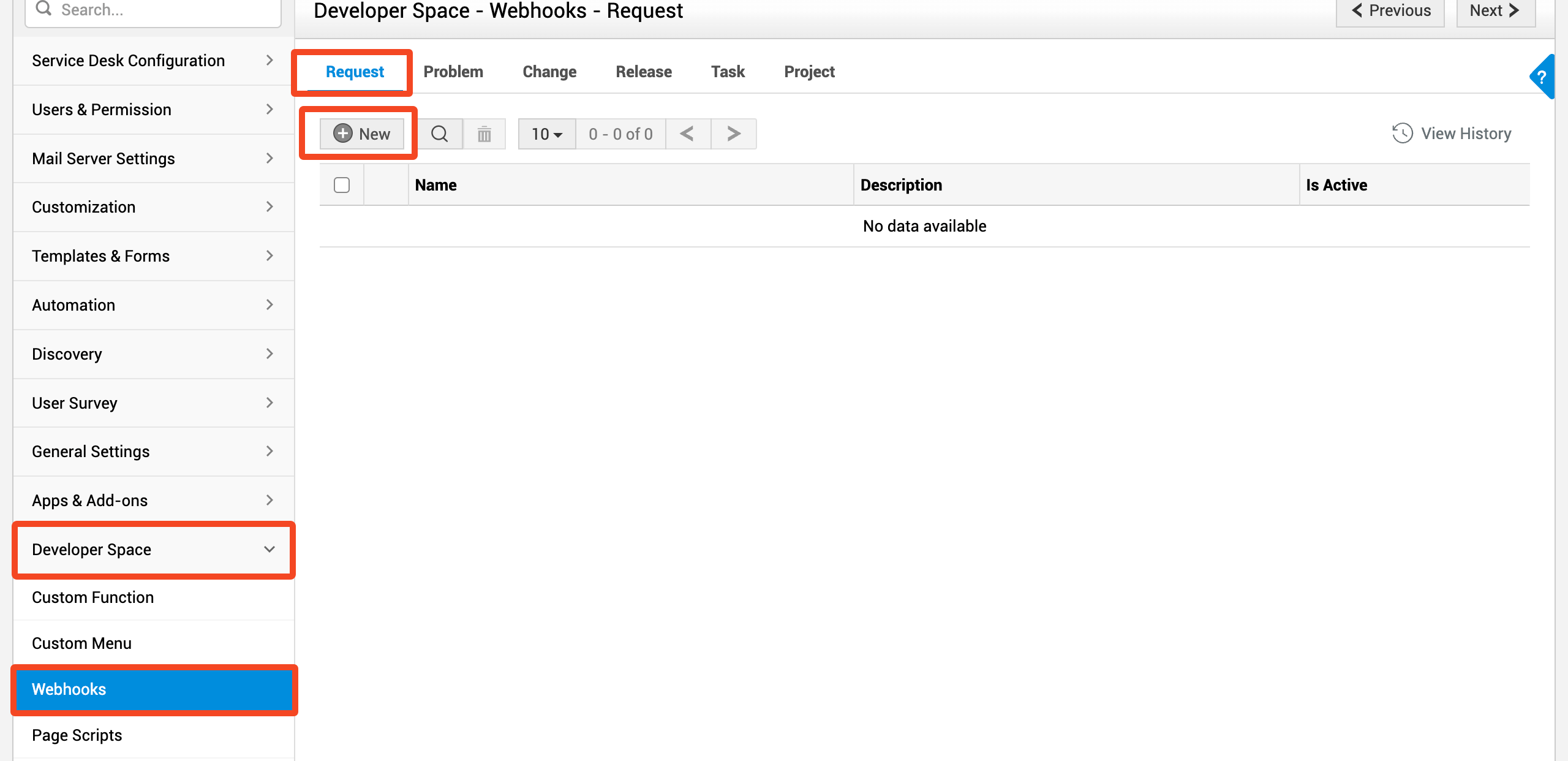ManageEngine ServiceDesk Plus Developer Space Webhooks page with New highlighted