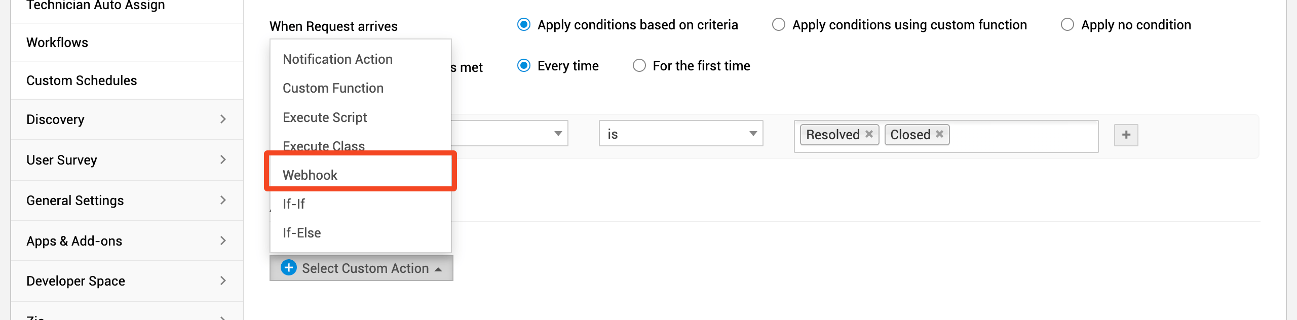 ManageEngine ServiceDesk Plus custom action menu with Webhook highlighted