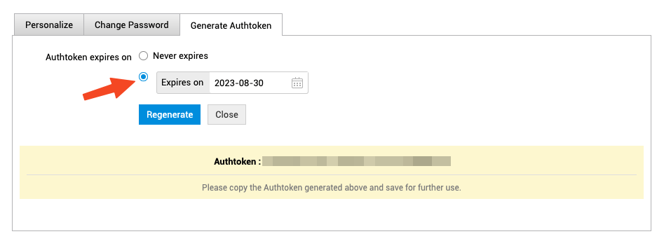 ManageEngine ServiceDesk Plus Generate Authtoken tab showing the expiry setting and generated token