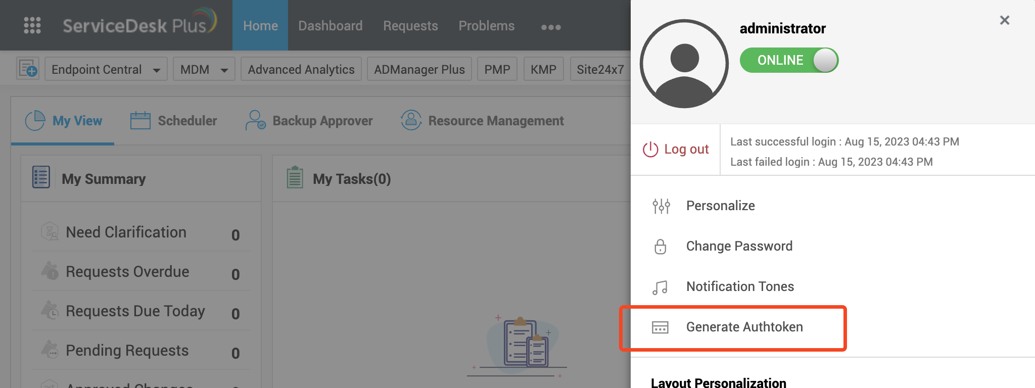 ManageEngine ServiceDesk Plus user menu with Generate Authtoken highlighted