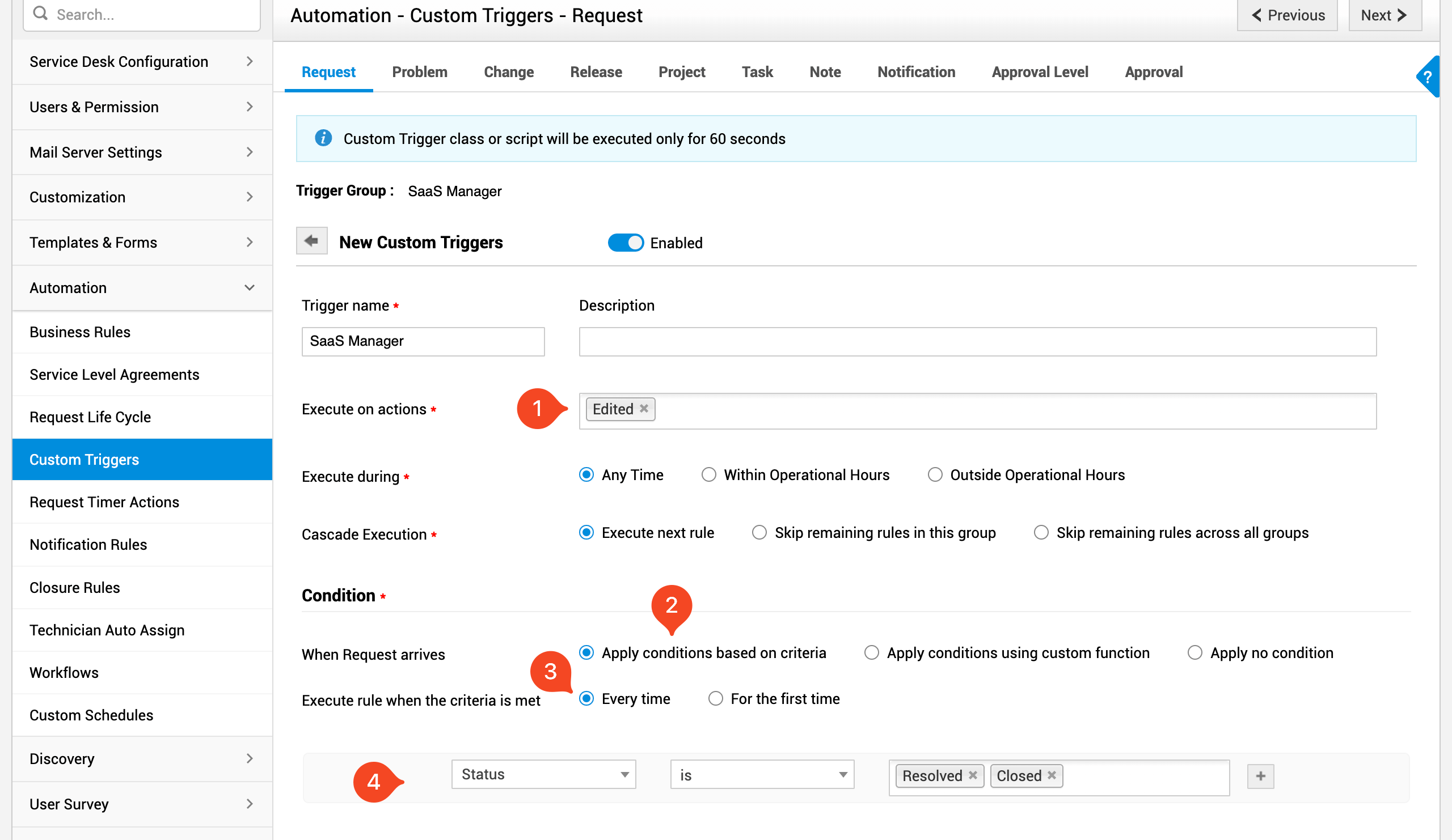 ManageEngine ServiceDesk Plus custom trigger form configured for edited requests with resolved or closed status