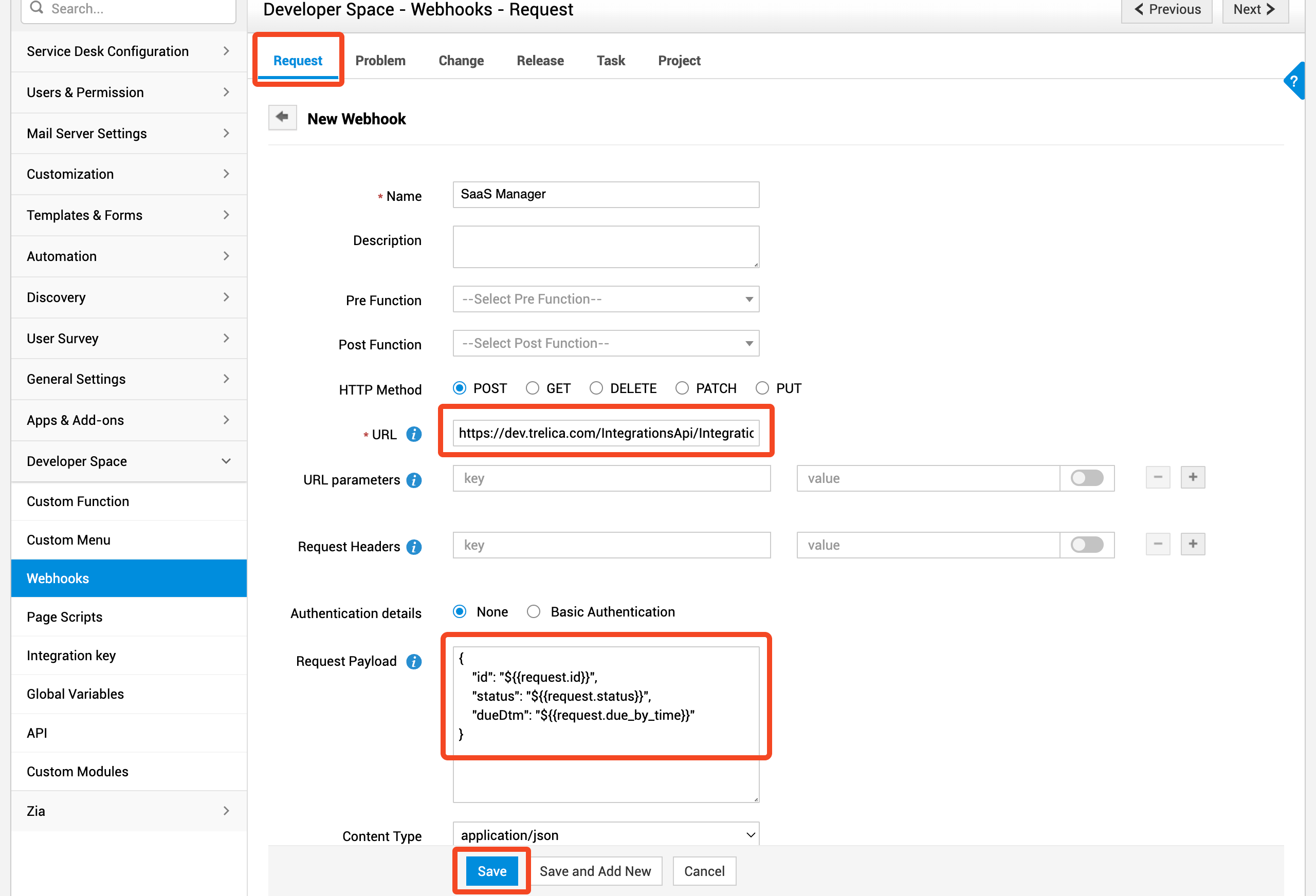 ManageEngine ServiceDesk Plus New Webhook form with the SaaS Manager URL and request payload highlighted