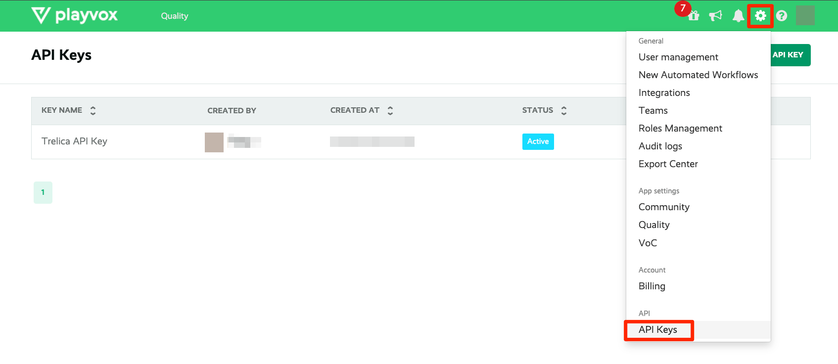 Playvox settings menu with API Keys selected
