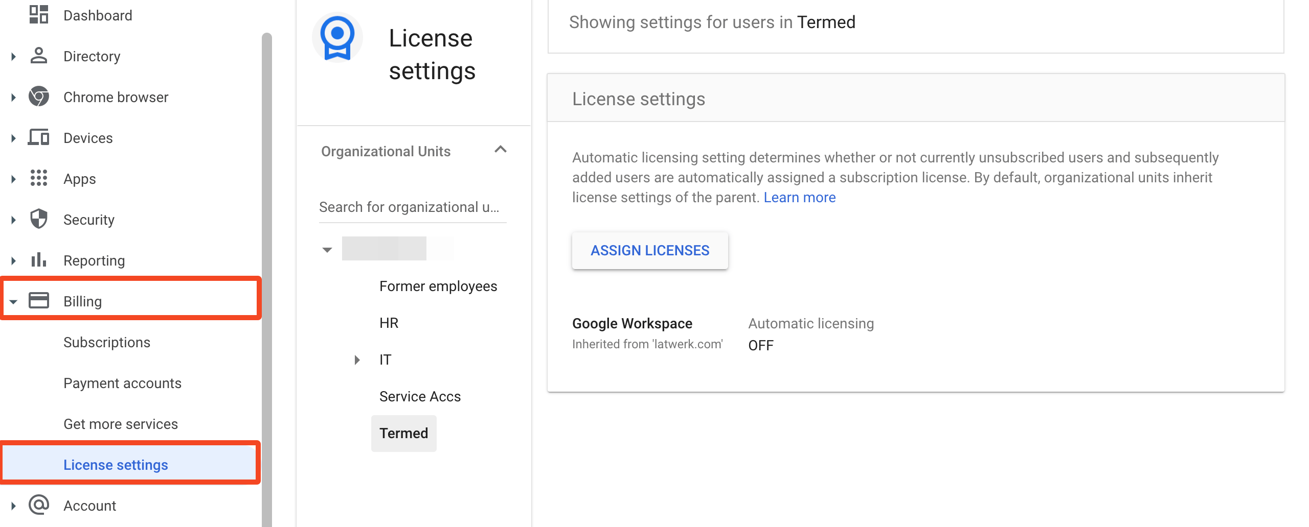 Google Admin console Billing menu with License settings selected