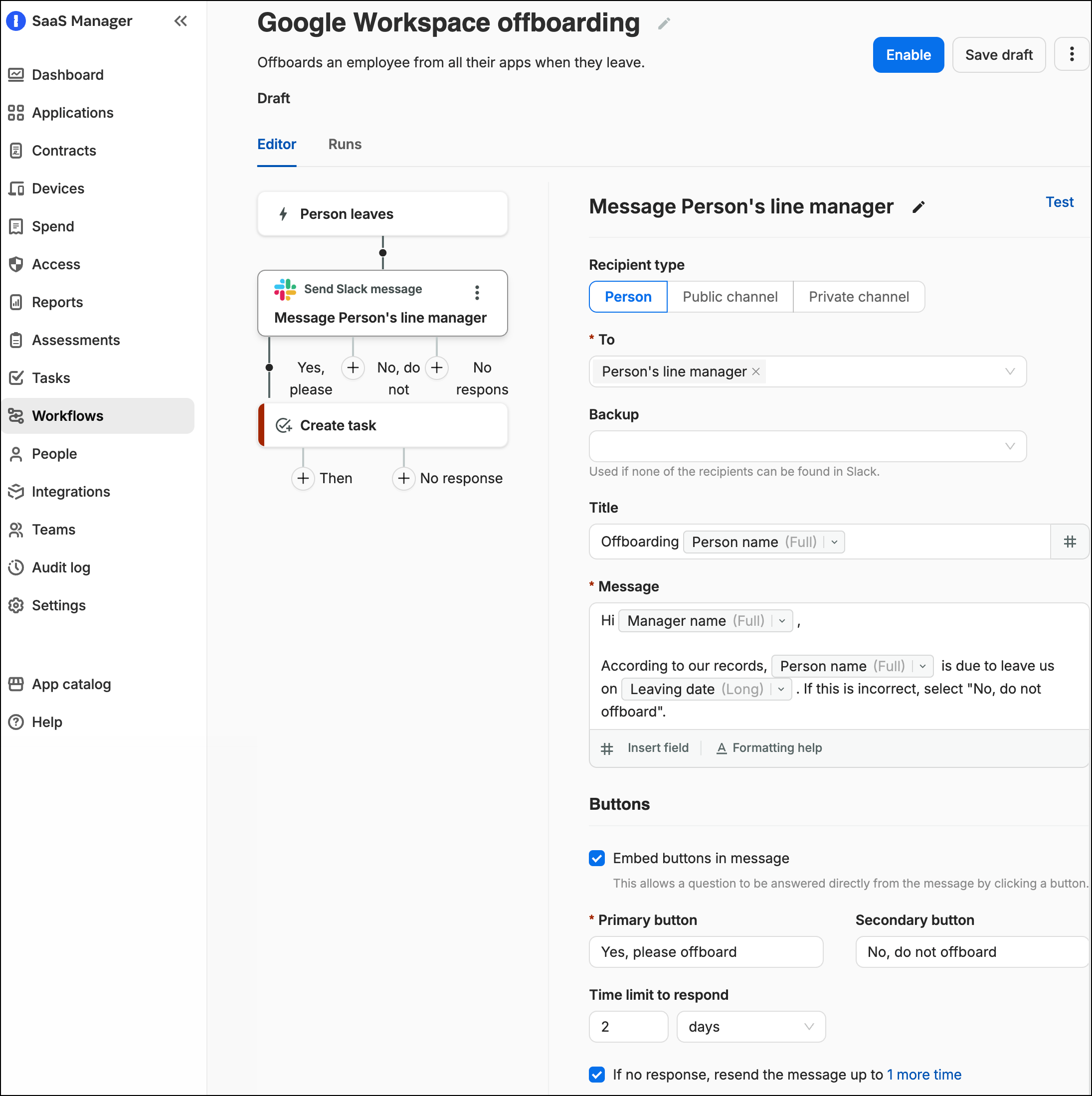 SaaS Manager Google Workspace offboarding workflow with a Slack message to the person's line manager