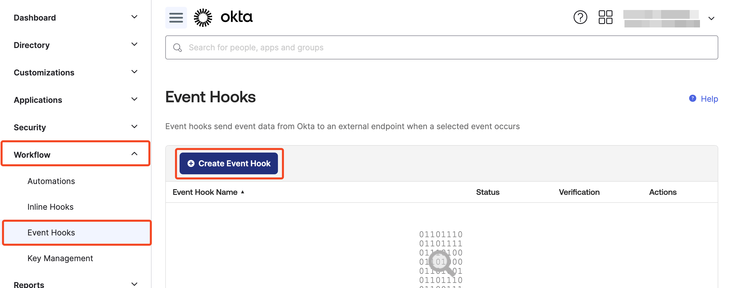 Okta Event Hooks page with Create Event Hook selected
