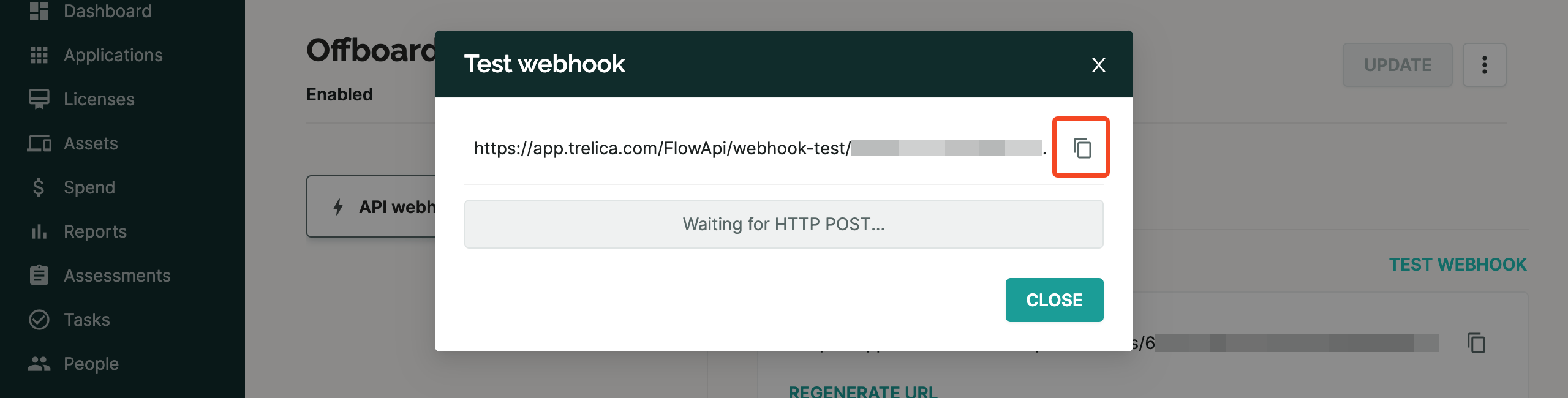 SaaS Manager Test Webhook dialog showing the test URL