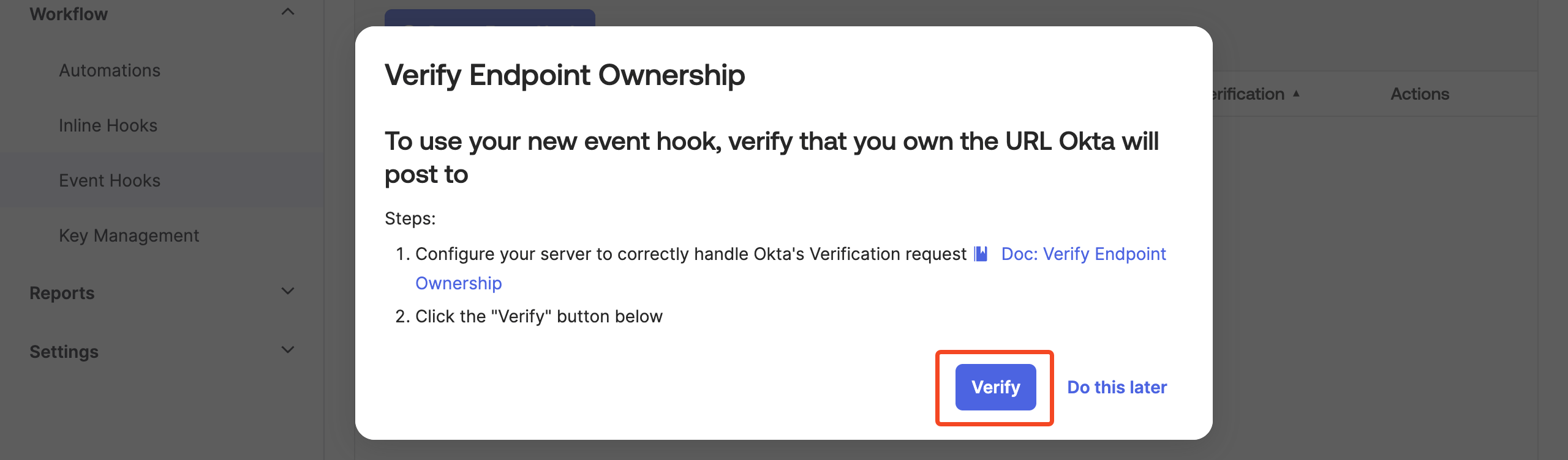 Okta Event Hook form with the Verify action