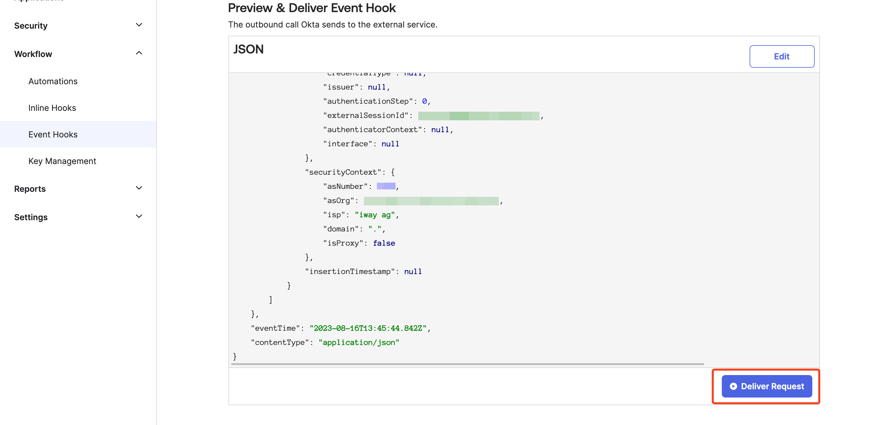 Okta Event Hook test dialog with Deliver Request selected