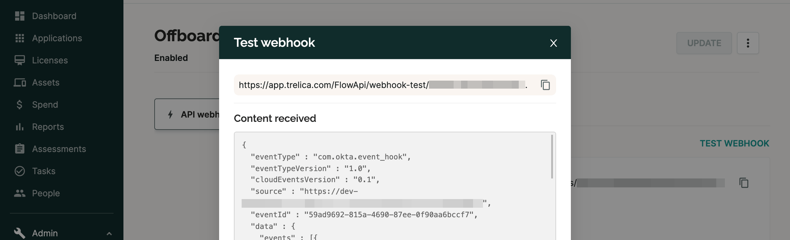 SaaS Manager Test Webhook dialog showing received Okta event data