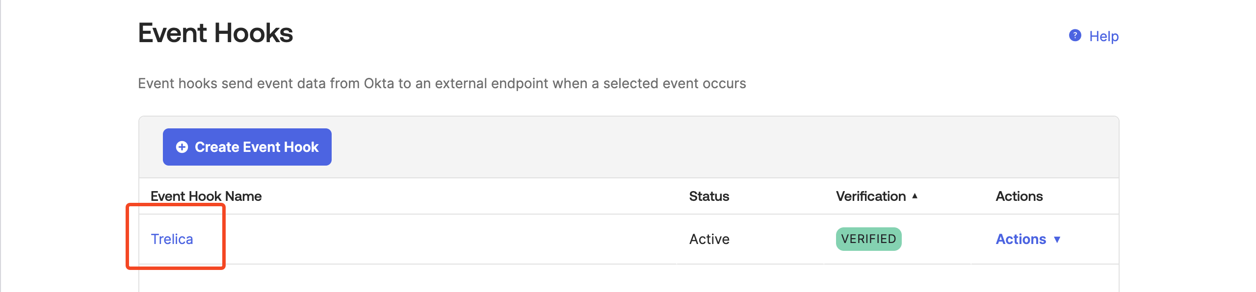 Okta Event Hooks page with an existing webhook selected for editing