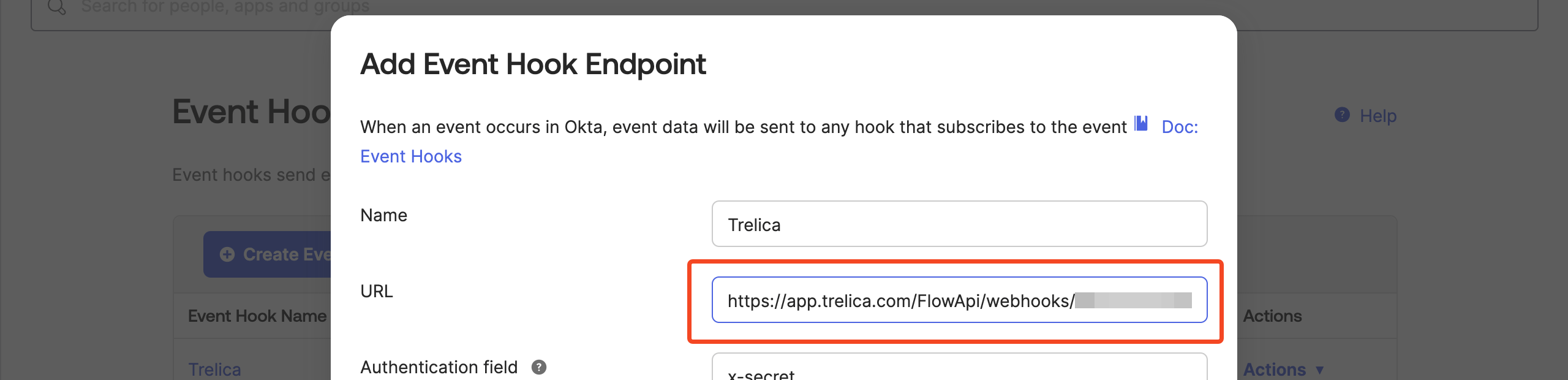 Okta Event Hook form with the SaaS Manager live webhook URL