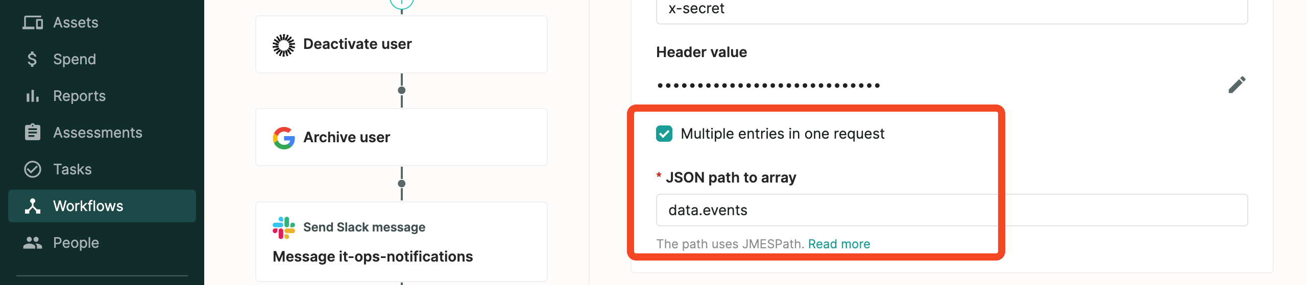 SaaS Manager webhook settings with data.events as the JSON path to array