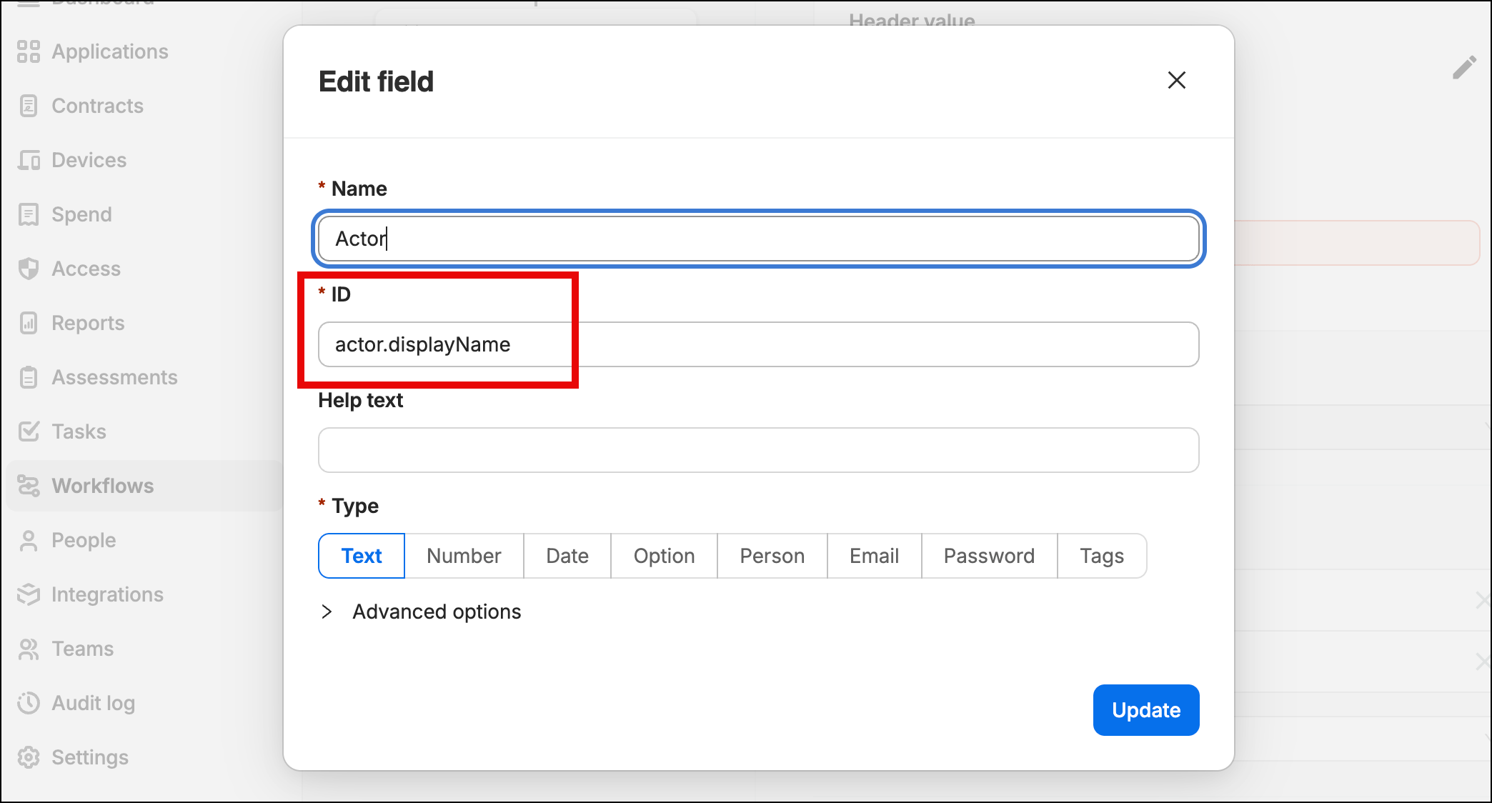 SaaS Manager workflow input field with actor.displayName JSON path