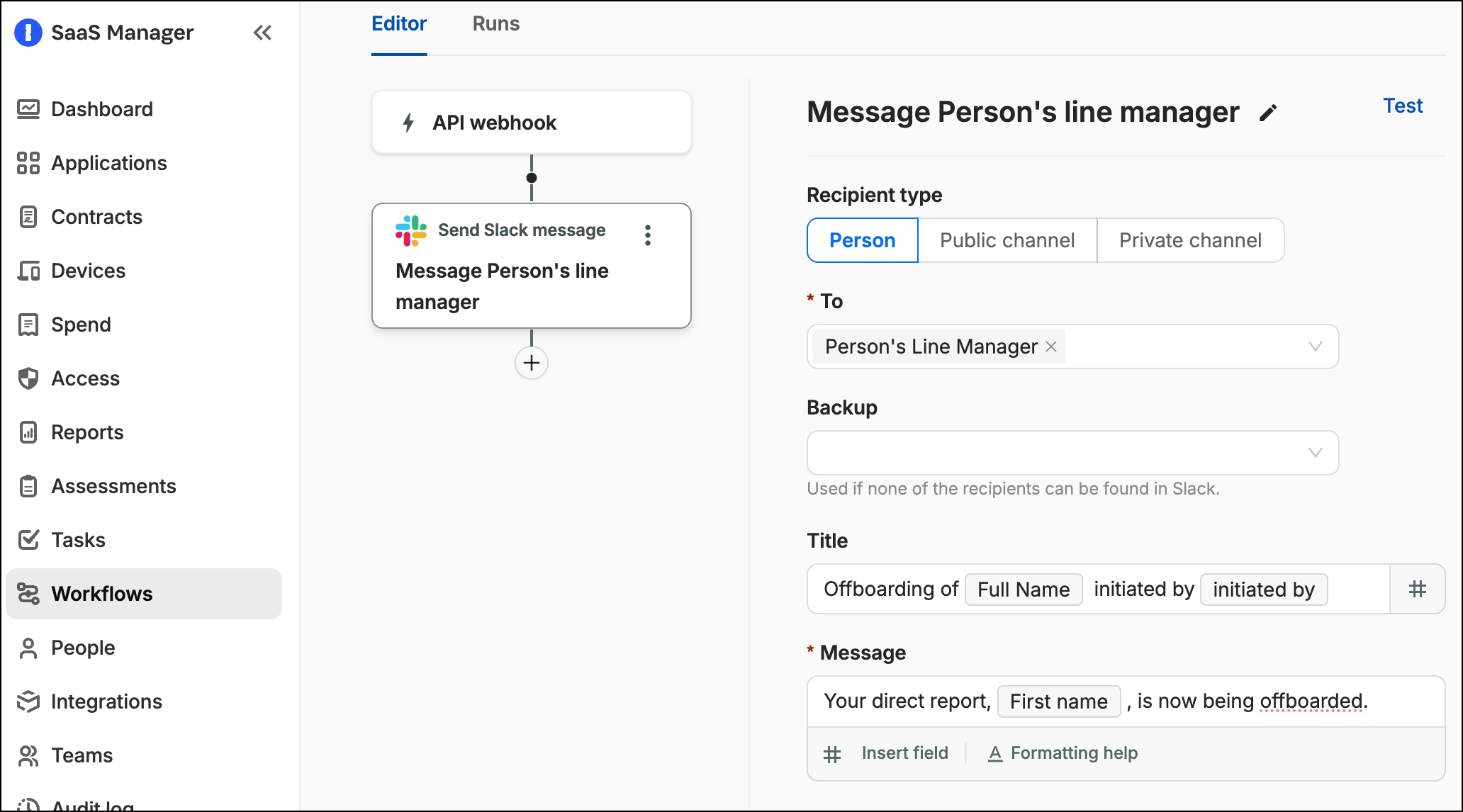 SaaS Manager Slack message step using an Okta event input field