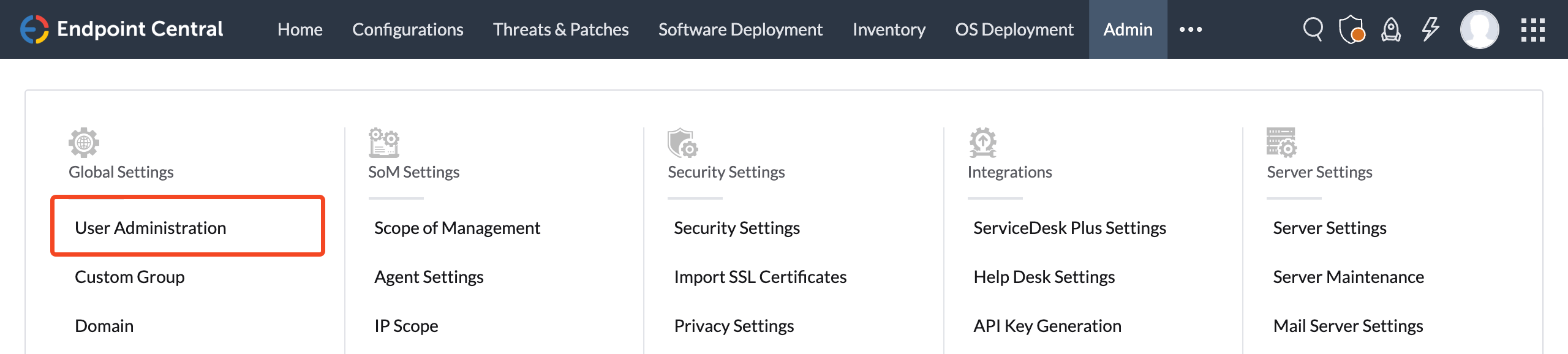 ManageEngine Endpoint Central Admin menu with User Administration highlighted