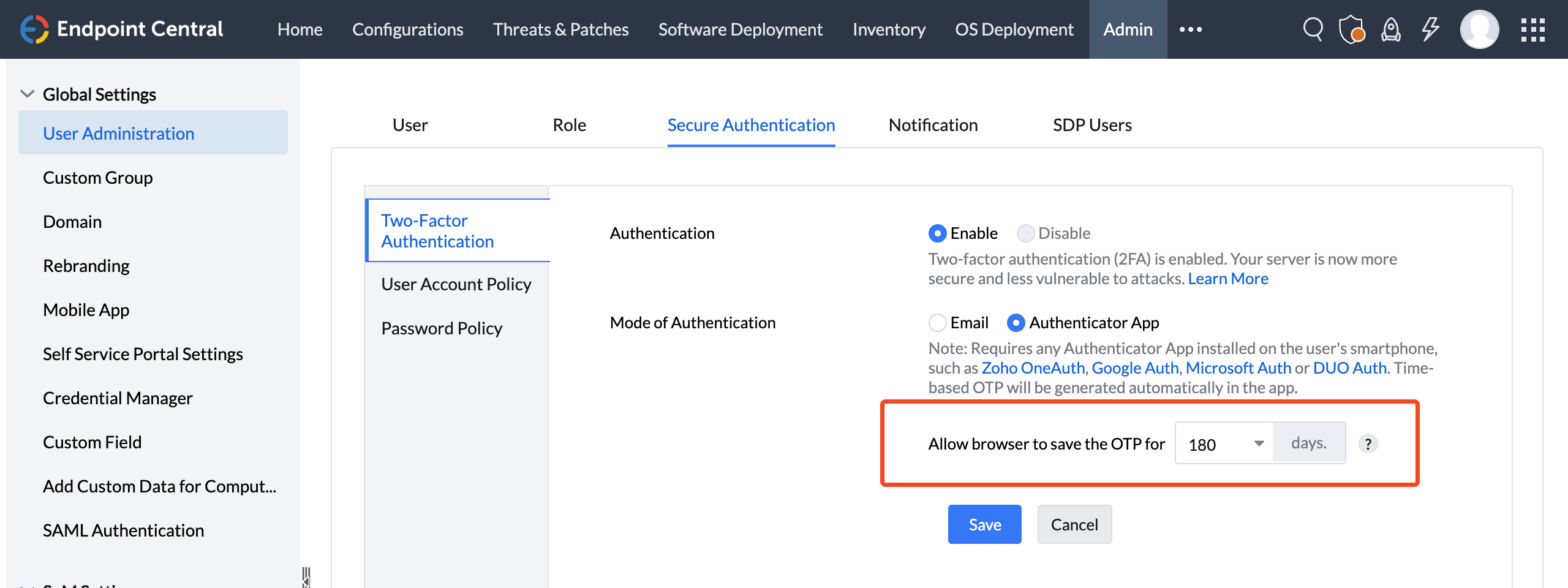 ManageEngine Endpoint Central secure authentication settings with browser OTP saving highlighted