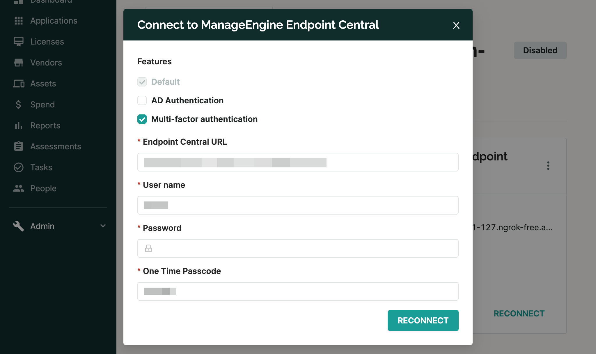 SaaS Manager Connect to ManageEngine Endpoint Central dialog with connection details and Reconnect button