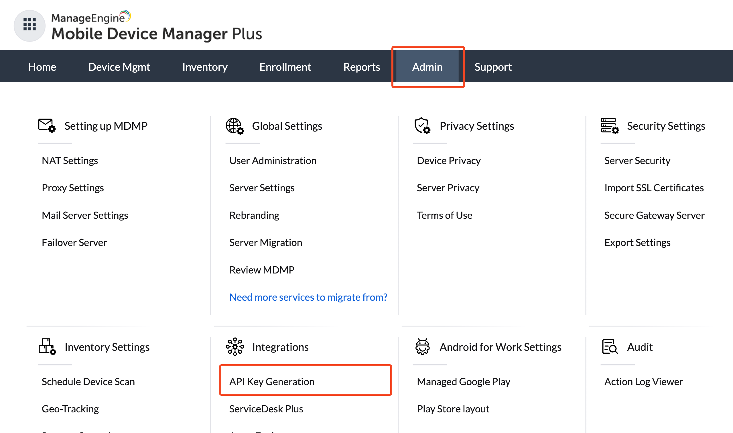 ManageEngine Mobile Device Manager Plus Admin menu with API Key Generation highlighted