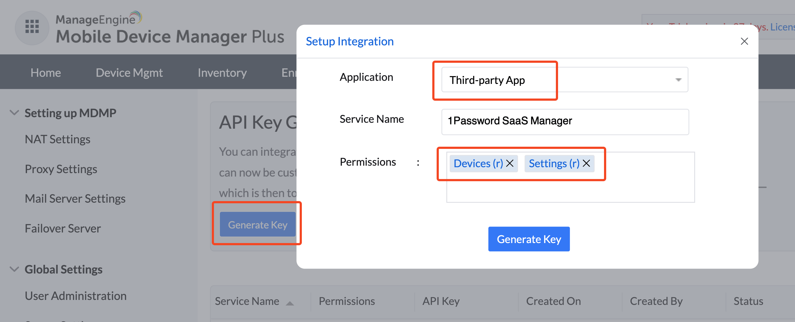 ManageEngine Mobile Device Manager Plus Setup Integration dialog with third-party app and read permissions selected