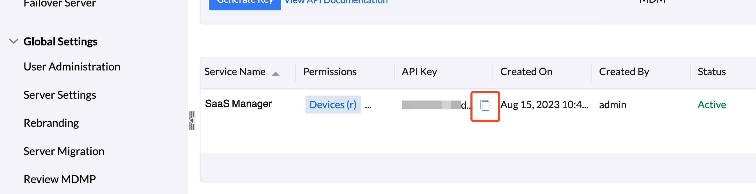 ManageEngine Mobile Device Manager Plus API key list with the Copy button highlighted